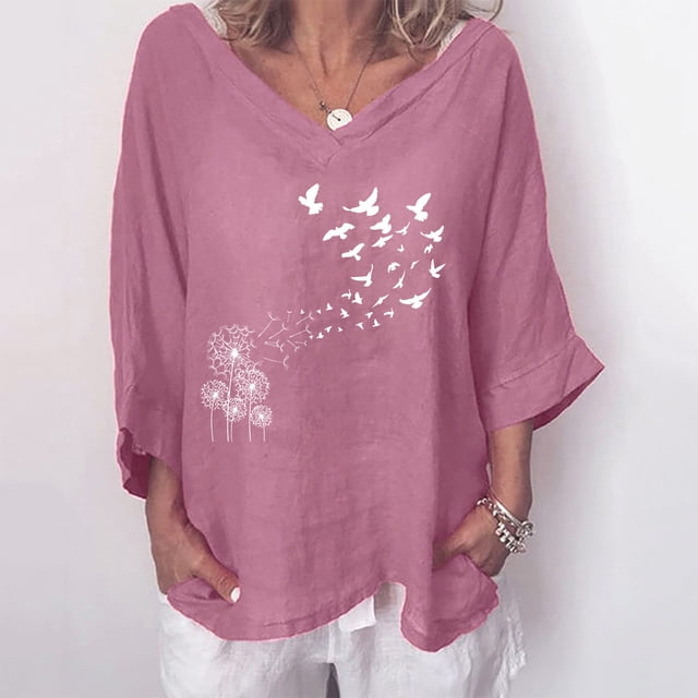 LOVZFMLL Tops Hauts d'Été pour Femmes Mode Imprimé Col en V Manches Trois-Quarts T-shirt Blouse Amples