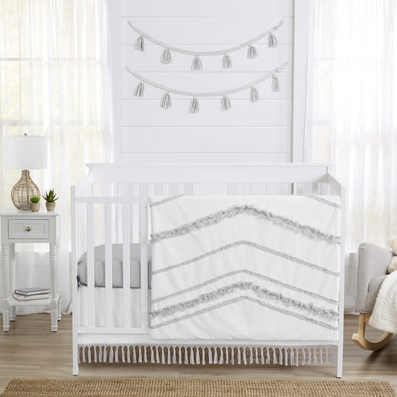 Sweet Jojo Designs Boho Fringe White Grey 4 Piece Crib Bedding Set