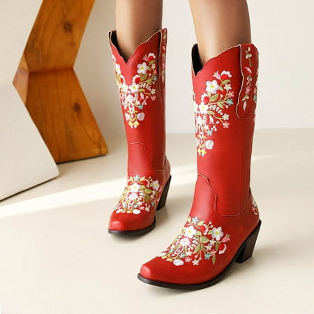 

Big Clearance! Juebong Large Size Retro Cowboy Boots Embroidered Flowers Thick Heel Sleeve High Boots