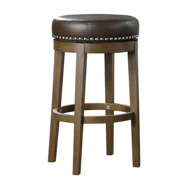 Topline Home Furnishings round swivel pub height stool with brown leather cushion and wooden frame