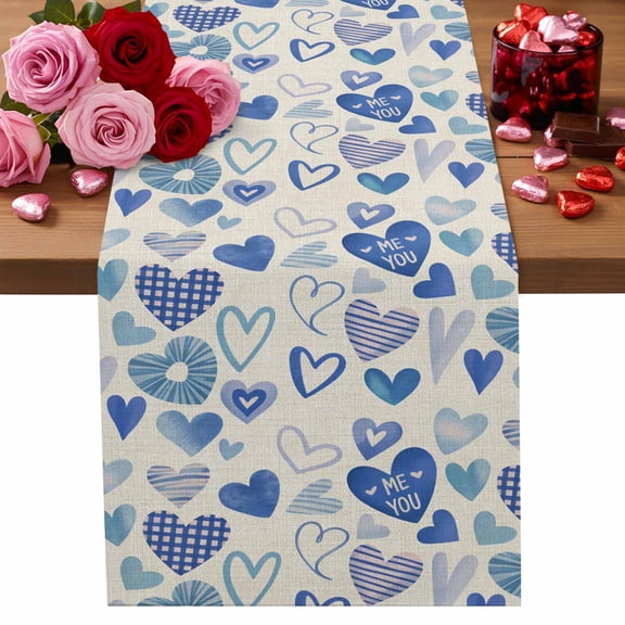 Valentine's Day Table Runner Blue Love Heart Table Runners Vintage Romantic Cotton Linen Dresser Scarf Kitchen Dining Table Decor for Valentines Wedding Party Decor 13x72 Inch