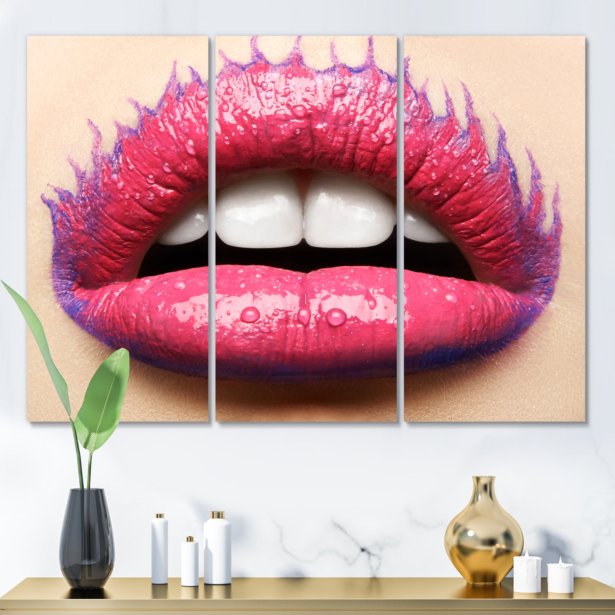 Designart ' Beautiful Woman Lips With Pink Lipstick ' Modern Canvas Wall Art Print
