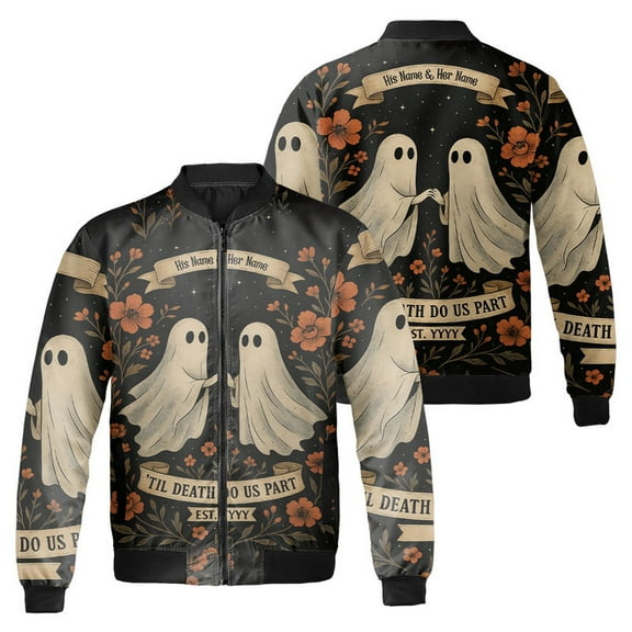 Personalized Couple Ghost Bomber Jacket – Custom Halloween Jacket, Vintage Floral Ghost Lovers, “Til Death Do Us Part” Unisex Jacket