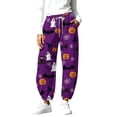thumbnail image 2 of Yourumao Halloween Sweatpants for Women Elastic Waist Barrel Sweatpant Drawstring Thin Fleece Tapered Leg Pants for Happy Halloween with Pocket, 2 of 9