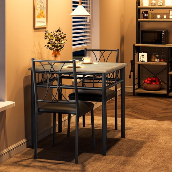 Rustic Gray Dining Table Set for 2 with 2 Upholstered Chairs, Square Metal