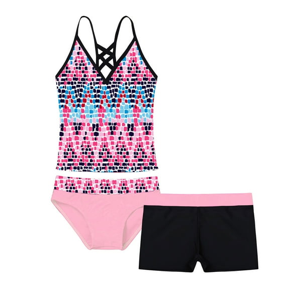 inhzoy Kids Girls 3 Piece Swimsuit Tankini Floral Printed Tops with Boyshorts