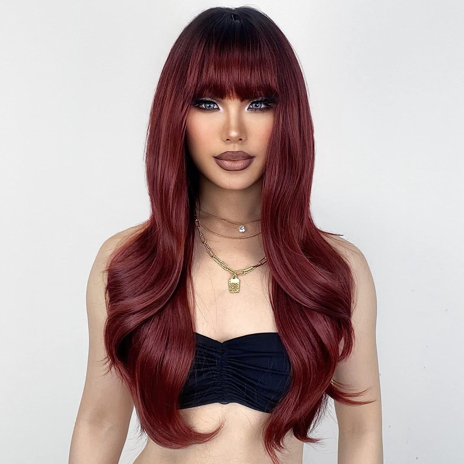 DOPI Red Wigs with Bangs, Wine Red Wigs for Women Long Wavy Wigs with Dark Roots Ombre Burgundy Wigs Natural Looking Synthetic Heat Resistant Fiber for Daily Party Use (26Inch)