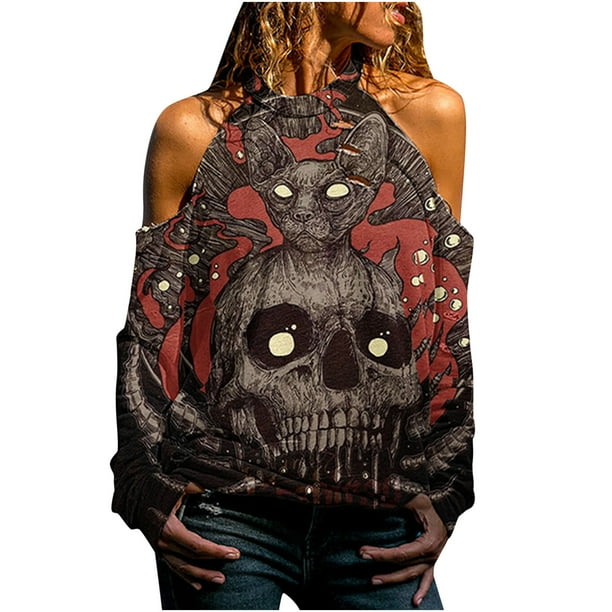 Blusa de manga larga con hombros descubiertos y estampado informal a la moda para mujer de Halloween, sudadera, sudaderas sin capucha Pompotops FGAJ19297