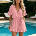 thumbnail image 2 of VBVC Women's Wrap V-Neck Drawstring Romper , Ladies' Ruffle Short Sleeve Jumpsuit , Casual Summer Playsuit For Women,Pink,S-3XL, 2 of 8