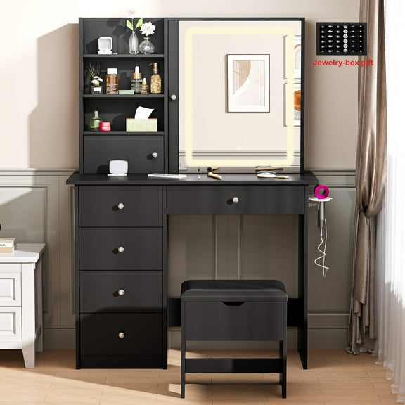 Black Vanity Set with Mirror and Lights, Sesslife Makeup Vanity Desk with Charging Station and Storage Stool, Modern Dressing Table with 4 Drawers, 3 Open Shelves, Makeup Desk Set for Women Girls