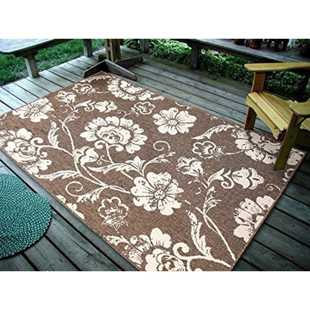 4'5"x7' Floral Leaves, Brown Indoor & Outdoor Rug 1110