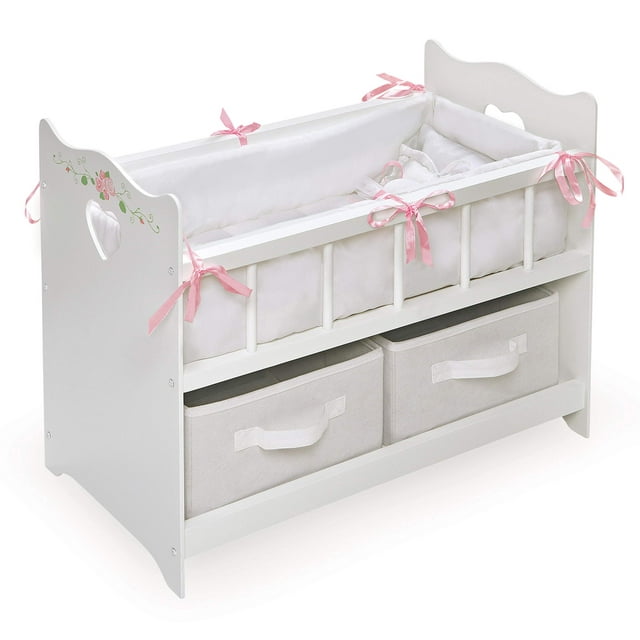 Badger Basket Wooden Doll Bed with Bed Liner, Pillows and Two Storage Baskets - Fits 18-Inch Dolls, White/Rose
