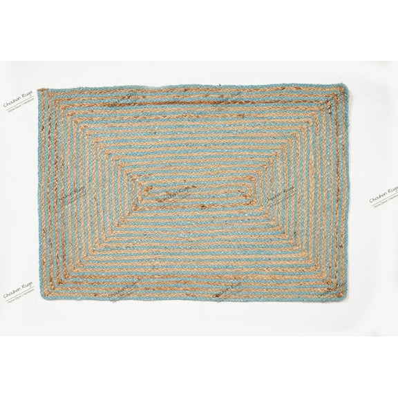 Rectangle Rug Natural Jute Rug Hand Braided Beige and Light Sky Blue Color Area Rug