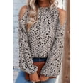 thumbnail image 4 of Floral Print Pleated Round Neck Cold Shoulder Blouse for Women Beige Small, 4 of 5