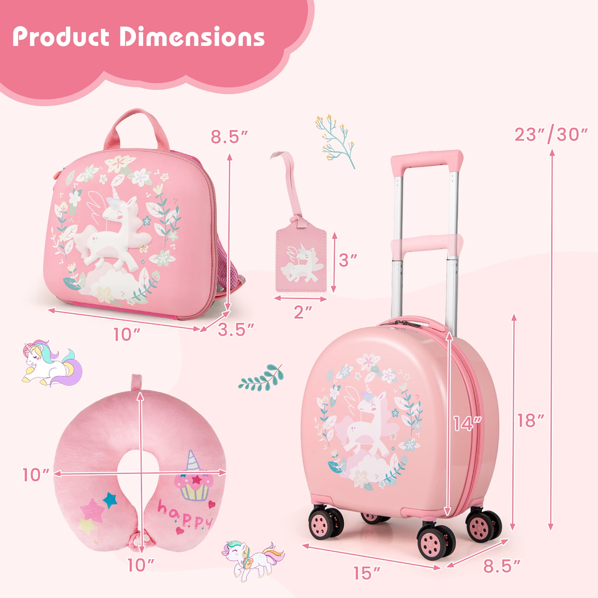 Gymax 4-Piece Kid's Luggage Set w/ 14'' Carry-on Hardside Spinner Toddler Luggage Pink