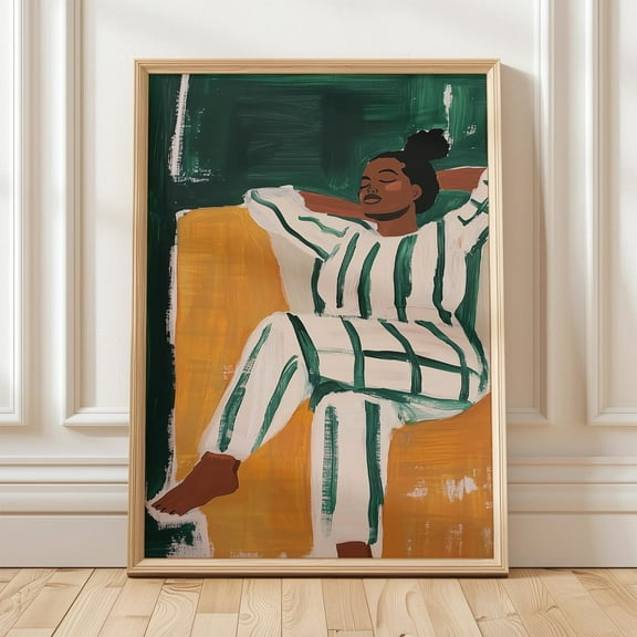 Relaxed African Woman Wall Art, Modern Green And Beige Minimalist Female Aesthetic Art Wall Art, Modern Wall Decor, 8x12 UNFRAMED