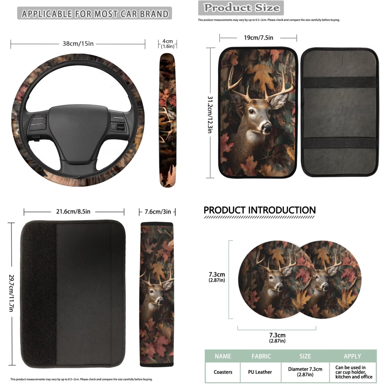 Binienty Deer Hunting Camo Car Seat Covers Full Set 14 Pack with Car Steering Wheel Cover Armrest Cushion Pad Headrest Covers Seat Belt Pads Vehicle Interior Accessories Set