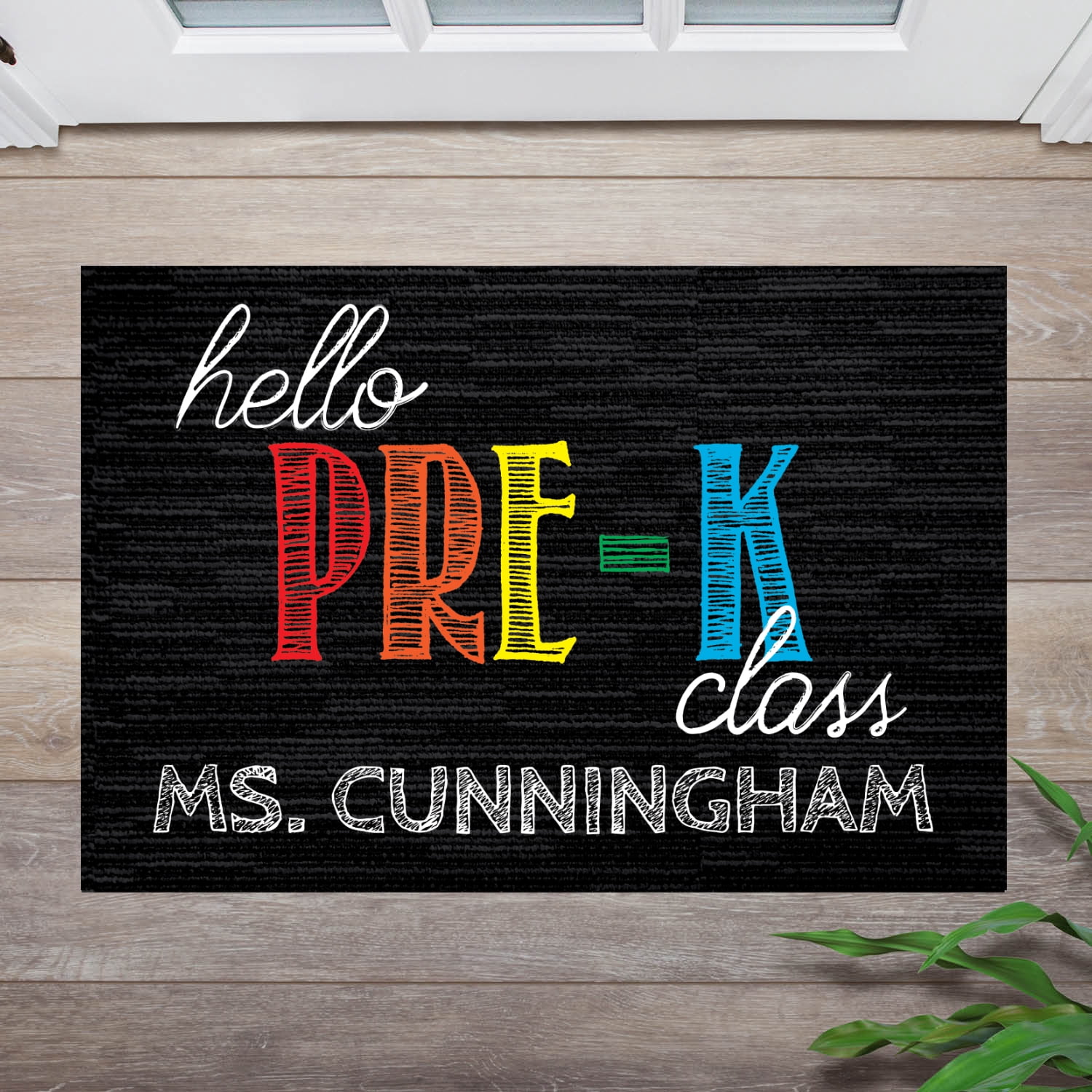 Personalized Planet 27x18 Hello Pre Kindergarten Doormat with Custom Teacher Name Printed on Black Rectangular 1/8” Thick Non Slip Mat for School Classroom or Home