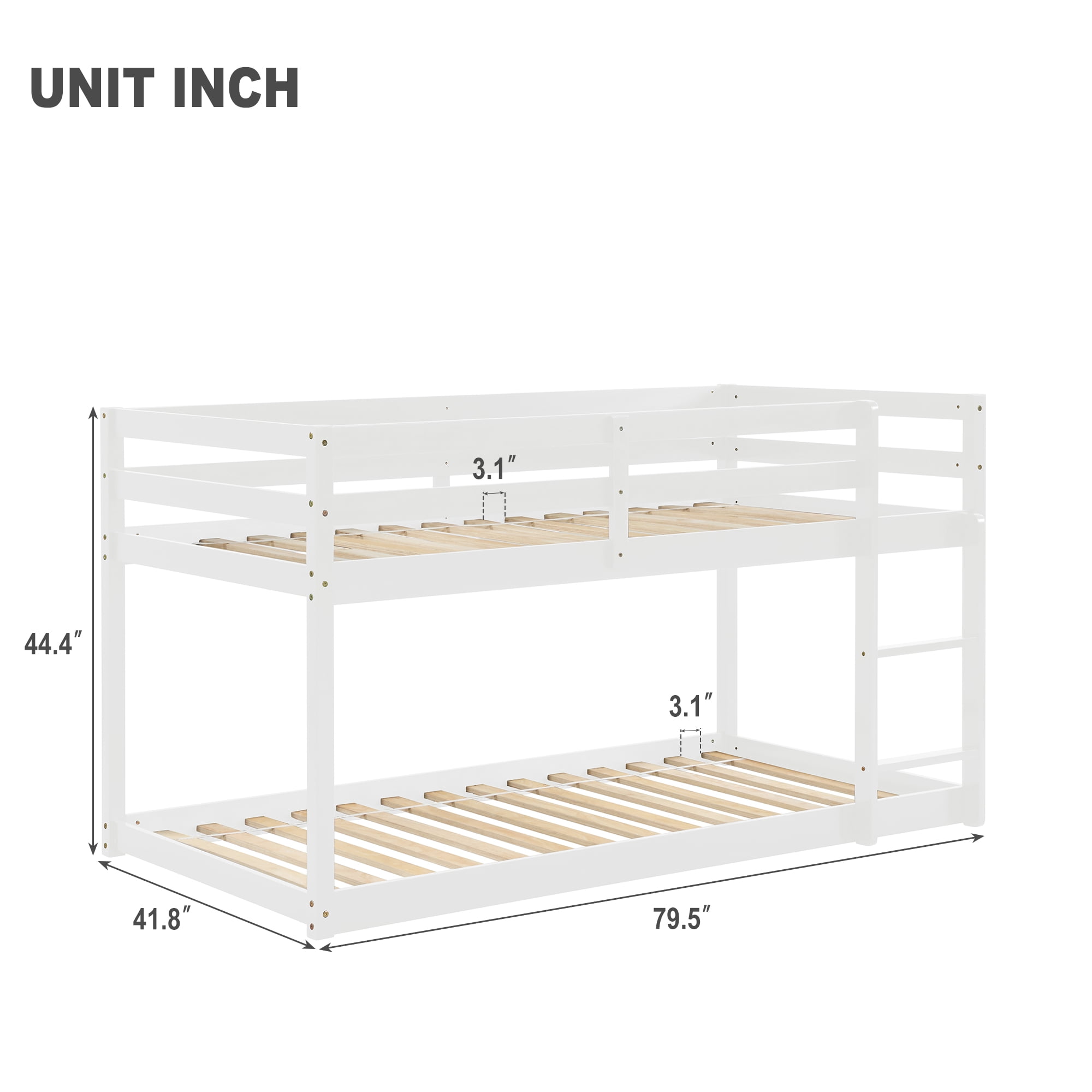 Miniyam Twin over Twin Low Bunk Bed for Kids Boys Girls, White