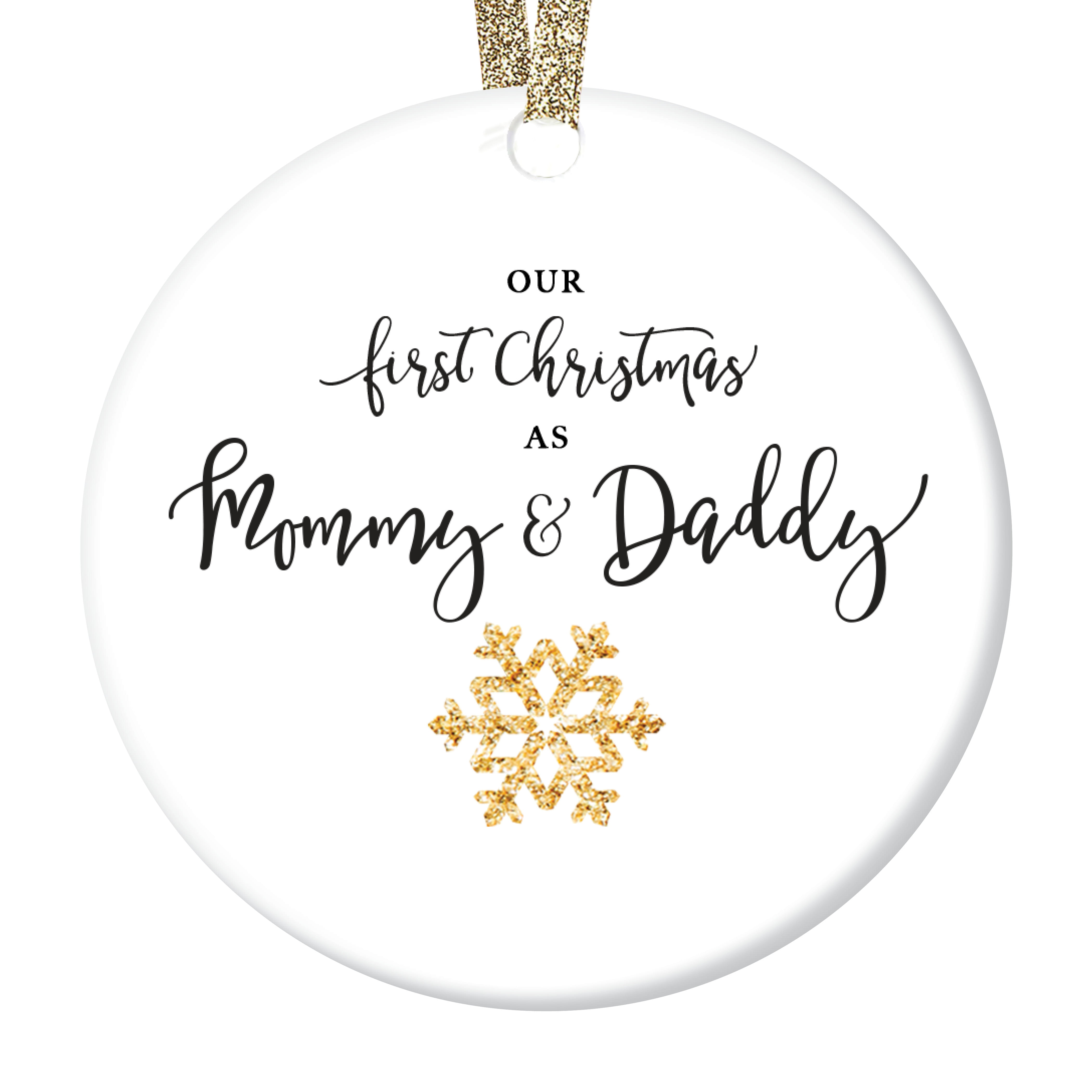 2018 Mommy & Daddy Christmas Ornament New Mother & Father Gold Snowflake Ornament 1st Holiday as Parents First as Mom & Dad 3 Flat Circle Ceramic Ornament Red Ribbon & Free Gift Box OR00021