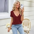thumbnail image 4 of WULMLEO Womens Sexy Deep V Neck T Shirts Summer Oversized Short Sleeve Tee Tops Wine S, 4 of 5