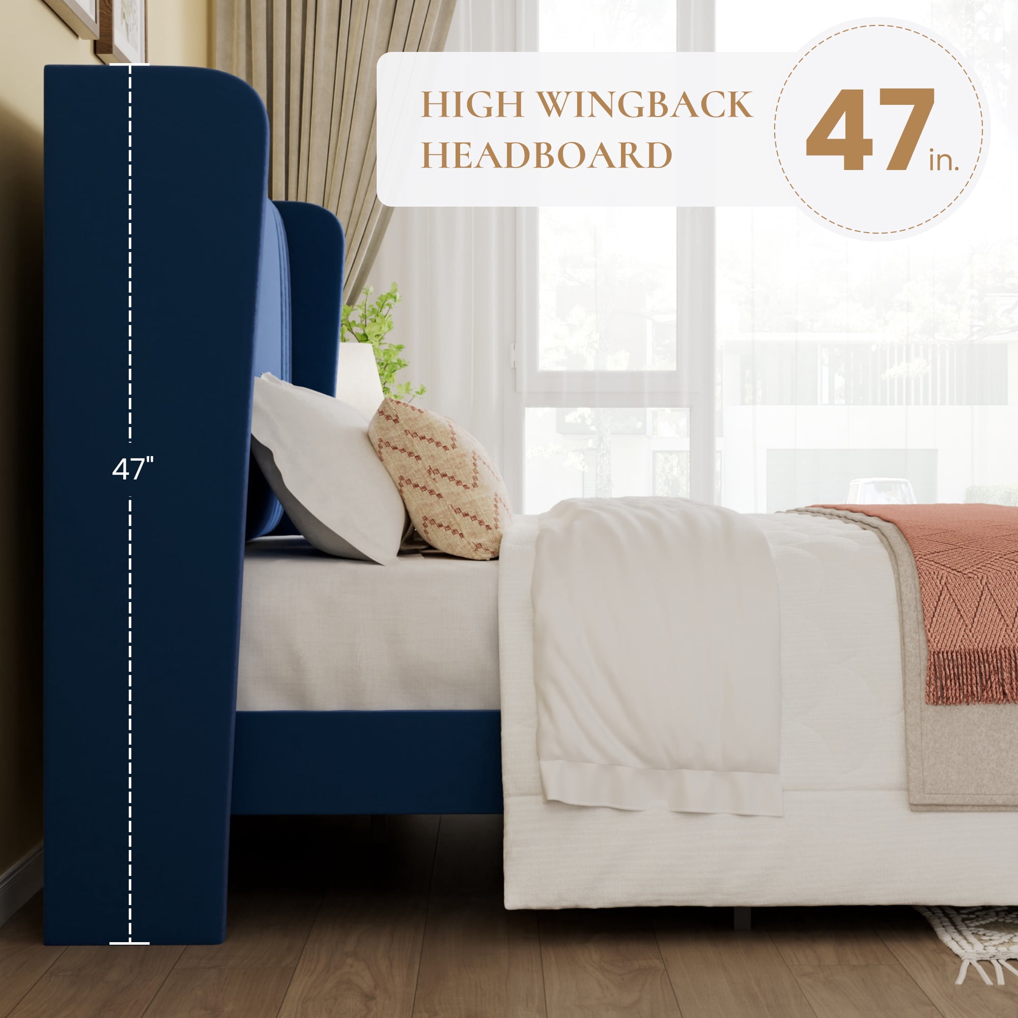 SHA CERLIN Full Size Velvet Upholstered Platform Bed Frame with Vertical Channel Tufted Wingback Headboard, Wooden Slats Support, Easy Assembly, Under Bed Storage, No Box Spring Required, Blue
