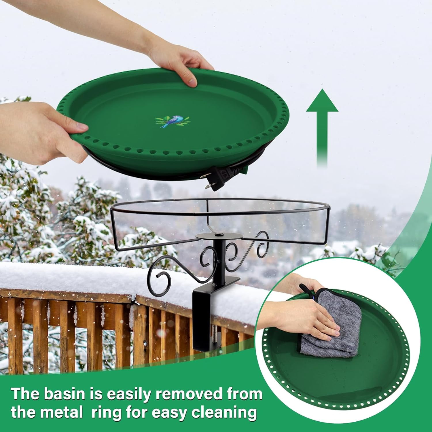 Heated Bird Bath for Deck Railing, 100W Thermostatically Controlled Heated Bird Baths for Outdoors Bird Bath Heater, Heated Birdbath for Outside Winter Garden Patio Yard(Green)