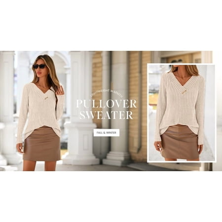 PRETTYGARDEN Women's Long Sleeve Shirts Fall Fashion Clothes Casual Ribbed V Neck Loose Tunic Tops Lightweight Sweaters
