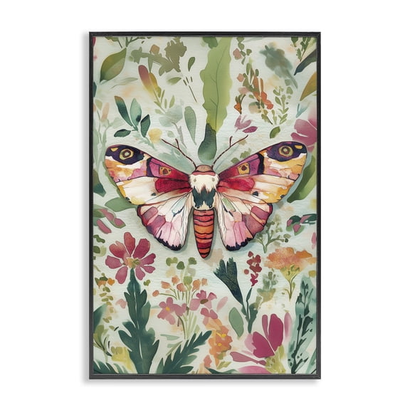 Stupell Industries Butterfly over Abstract Flowers Floral Painting Black Framed Art Print Wall Art, 12 x 18