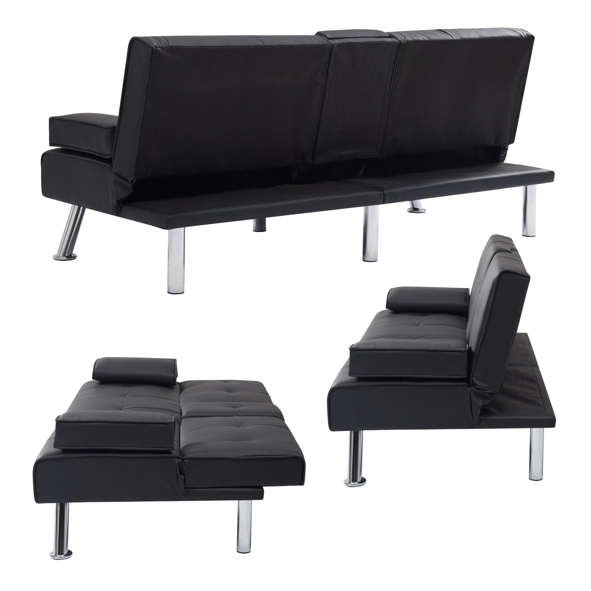 Clipeyh Faux Leather Futon with Cupholders and Pillows Modern Convertible Sofa Bed Couch