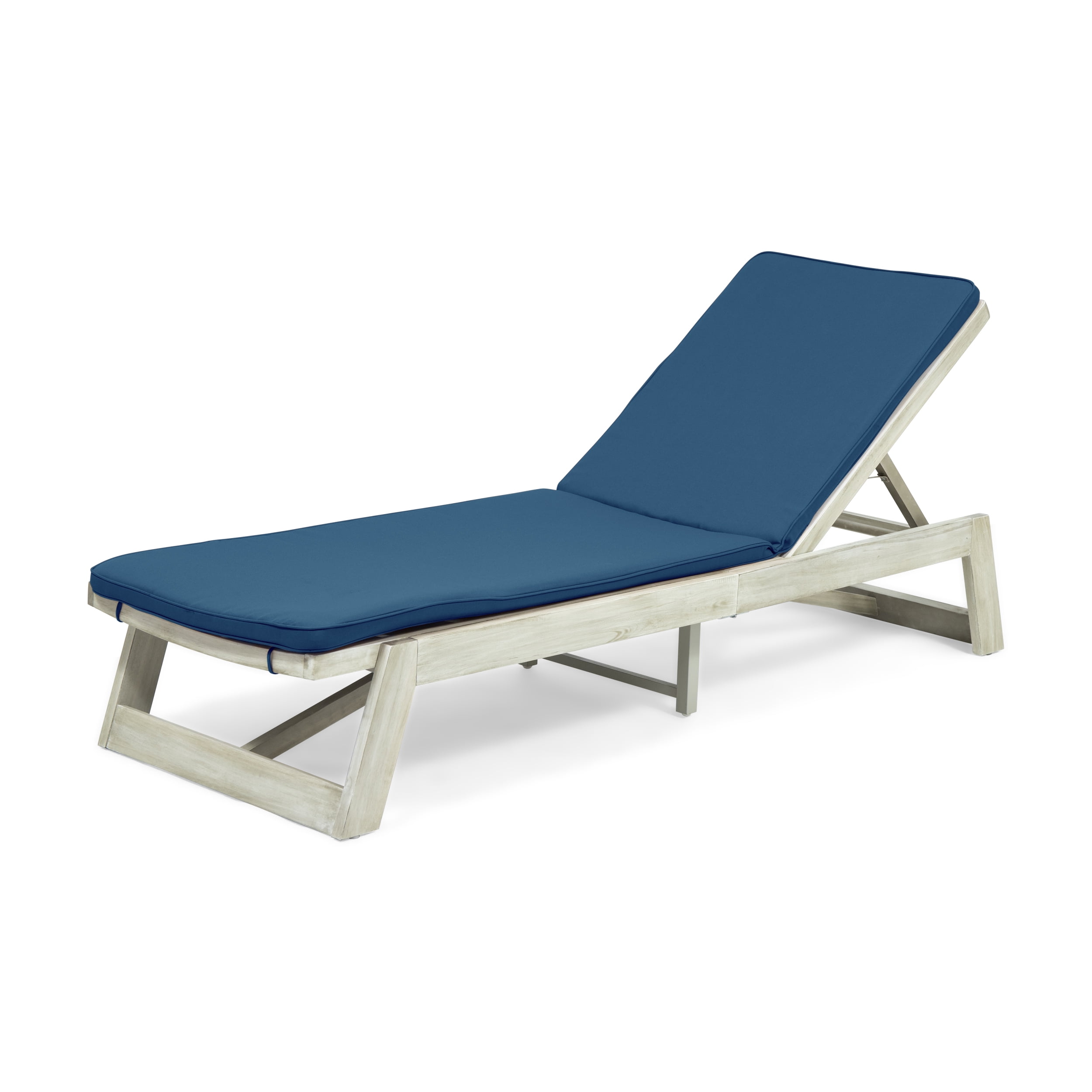 Cullen Outdoor Acacia Wood Chaise Lounge and Cushion Sets, Set of 2, Light Gray and Blue