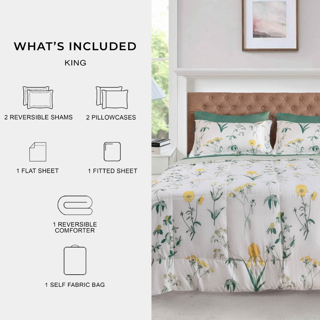 Mainstays All in One Reversible Comforter and Sheet set- 7 Piece, King, Golden Floral