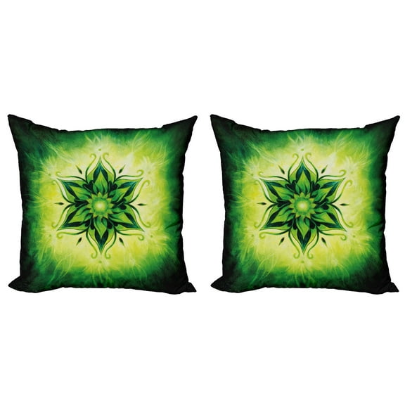 Ambesonne Leaf Throw Pillow Cover 2 Pack, Esoteric Mandala Art, 18", Emerald Lime Green