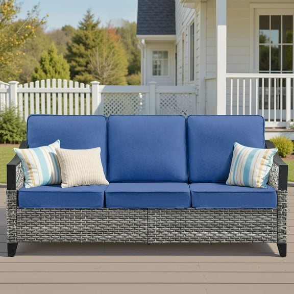 Planntonneo Outdoor 3-Seat Patio Sofa Furniture, Weather Resistant Wicker Couch with Deep Seat Anti-Slip Cushion, Blue