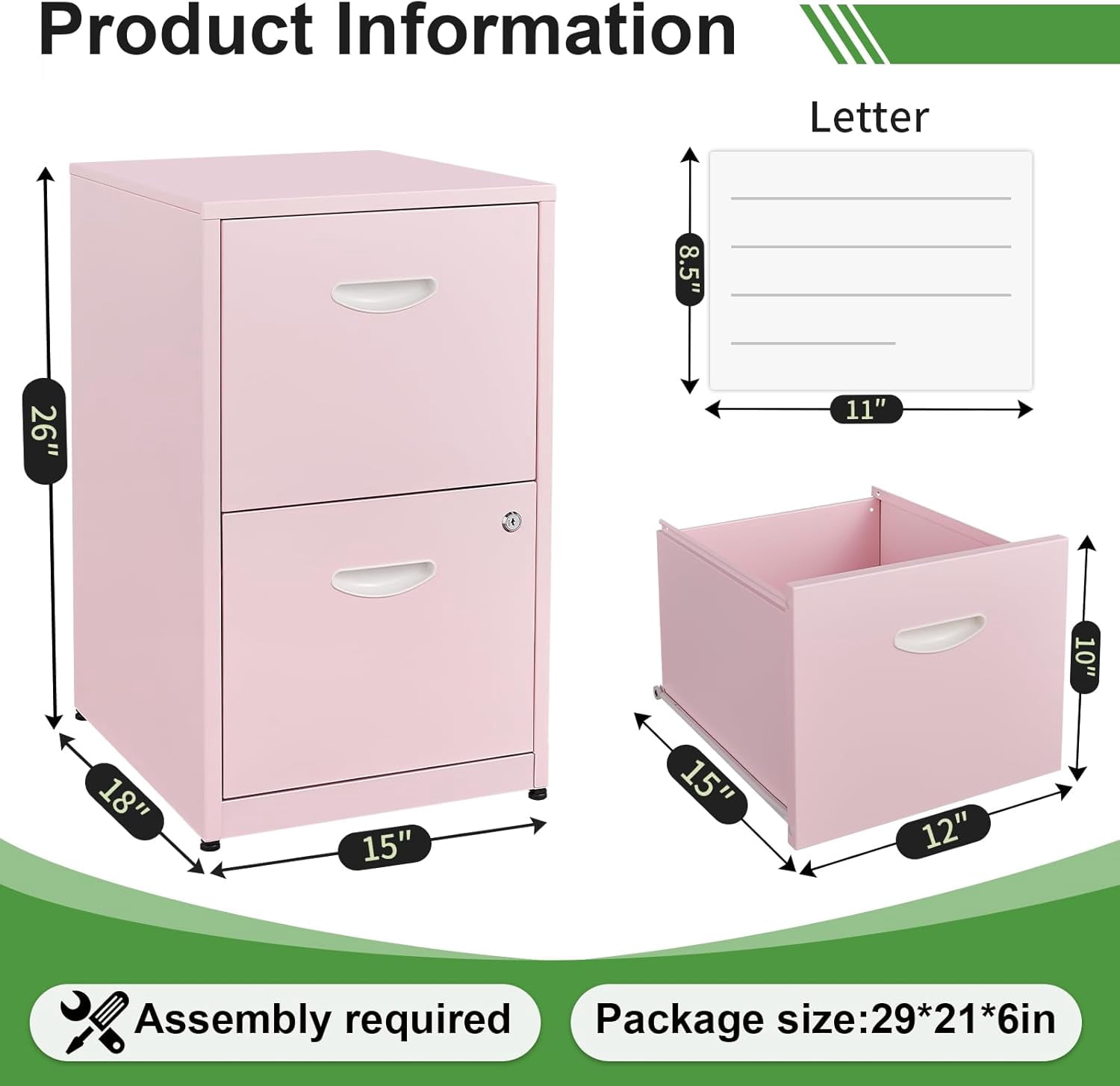 2 Drawer File Cabinet with Lock，Small Filing Cabinet for Home Office, Metal Vertical File Under Desk Cabinet for A4/Letter,Assembly Required,Pink