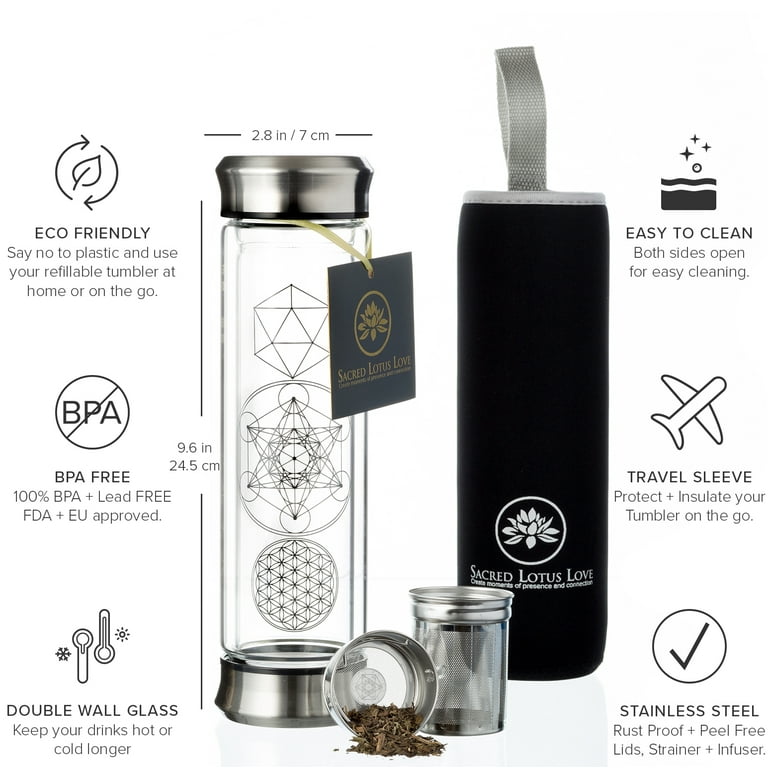 The Sacred Glass Tea Infuser Bottle + Strainer for Loose Leaf, Herbal,  Green or Ice Tea. 415ml/14oz Cold Brew Coffee Mug + Fruit Infusions tumbler.  Free Quilted and Neoprone Sleeves 