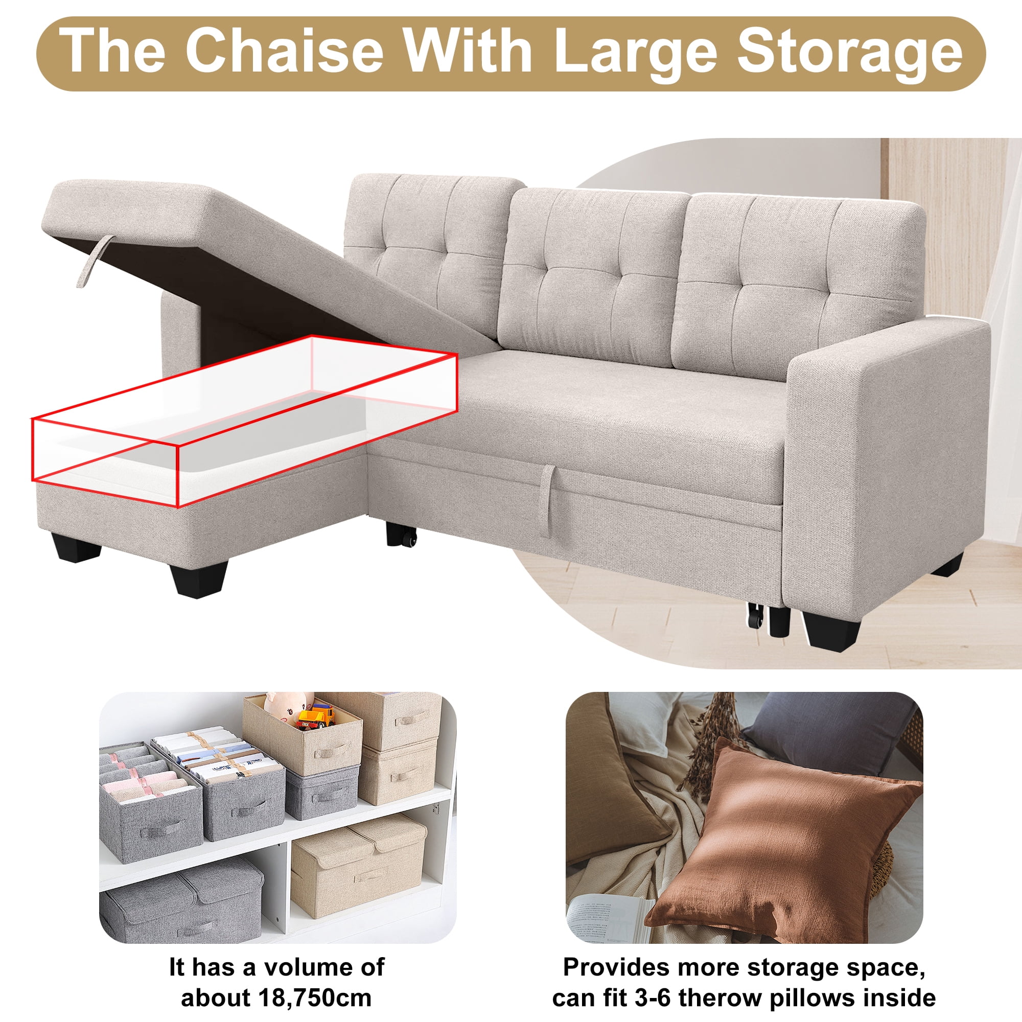 DEALTOPS Linen Reversible Sleeper Sectional Sofa Bed with Storage Chaise,Beige