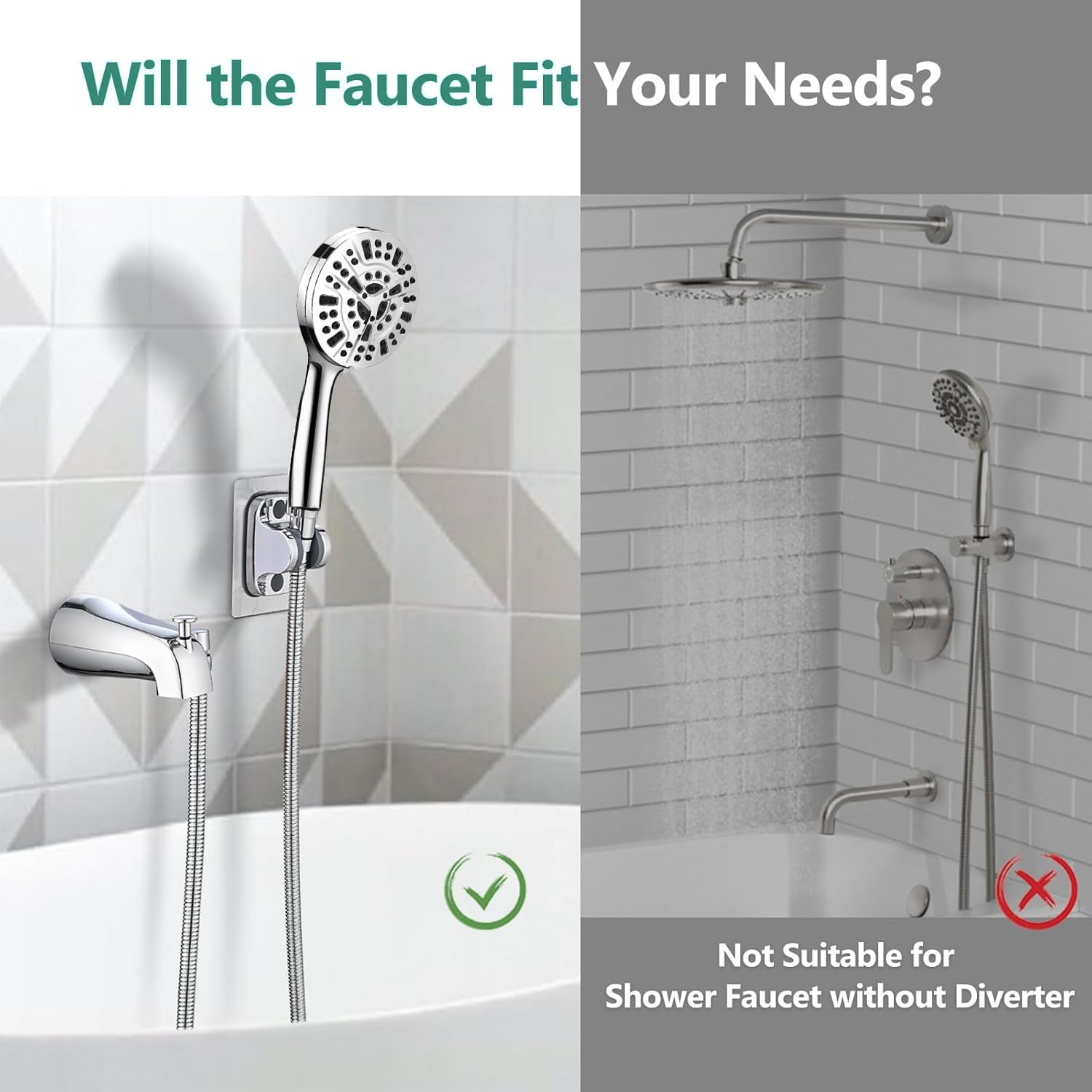 FETERVIC Bathtub Faucet with Sprayer,Slip-On Tub Spout High Pressure 10 Settings Handheld Shower Head with Diverter Set