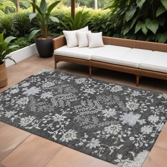 HomeRoots 605466 10 x 14 ft. Charcoal, Gray & Beige Floral Washable Indoor & Outdoor Rectangle Area Rug