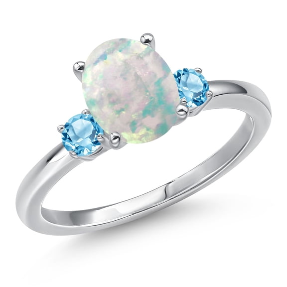 Gem Stone King 14K White Gold Simulated White Opal and Swiss Blue Topaz Engagement Ring for Women | 1.30 Cttw | Oval Cabochon 9X7MM | Gemstone October Birthstone | Size 5