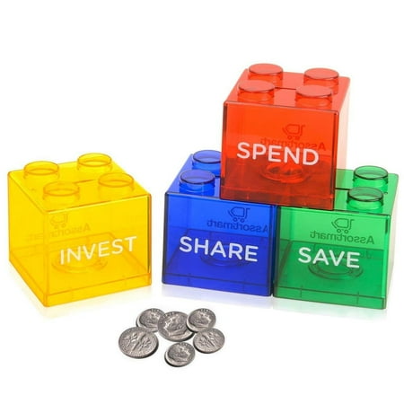 Colorful Stacking Block Coin Bank For Kids - Helps Kids Save, Share, Give and Invest - Transparent Plastic Bank Shows Cash Inside - Teaches Good Money Habits - Perfect As Kids Birthday (Best Way To Invest Money For Child)