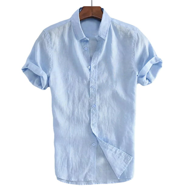 Madjtlqy Mens Linen Short Sleeve Summer Solid Shirts Loose Dress Soft ...