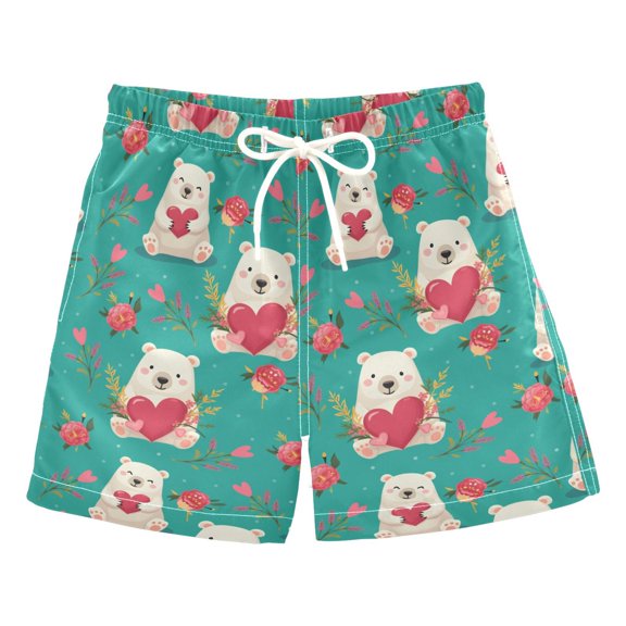White Bear Hugging Heart Pattern Swim Trunks Quick Dry Beach Pool Board Shorts Lightweight Stylish Print Sizes 2T to XL
