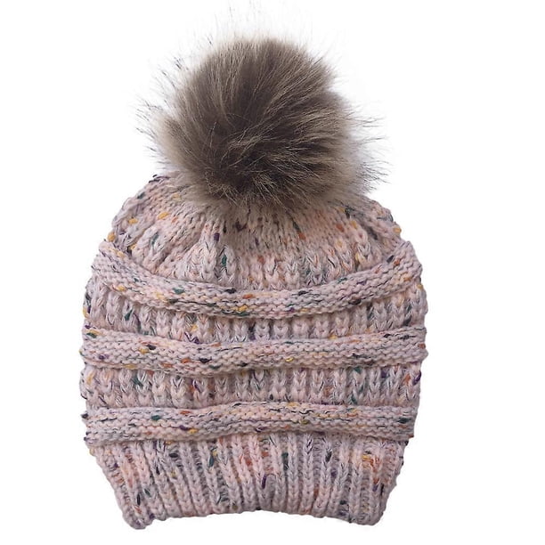 Gorro de invierno de punto cálido con pompón para mujer, color negro