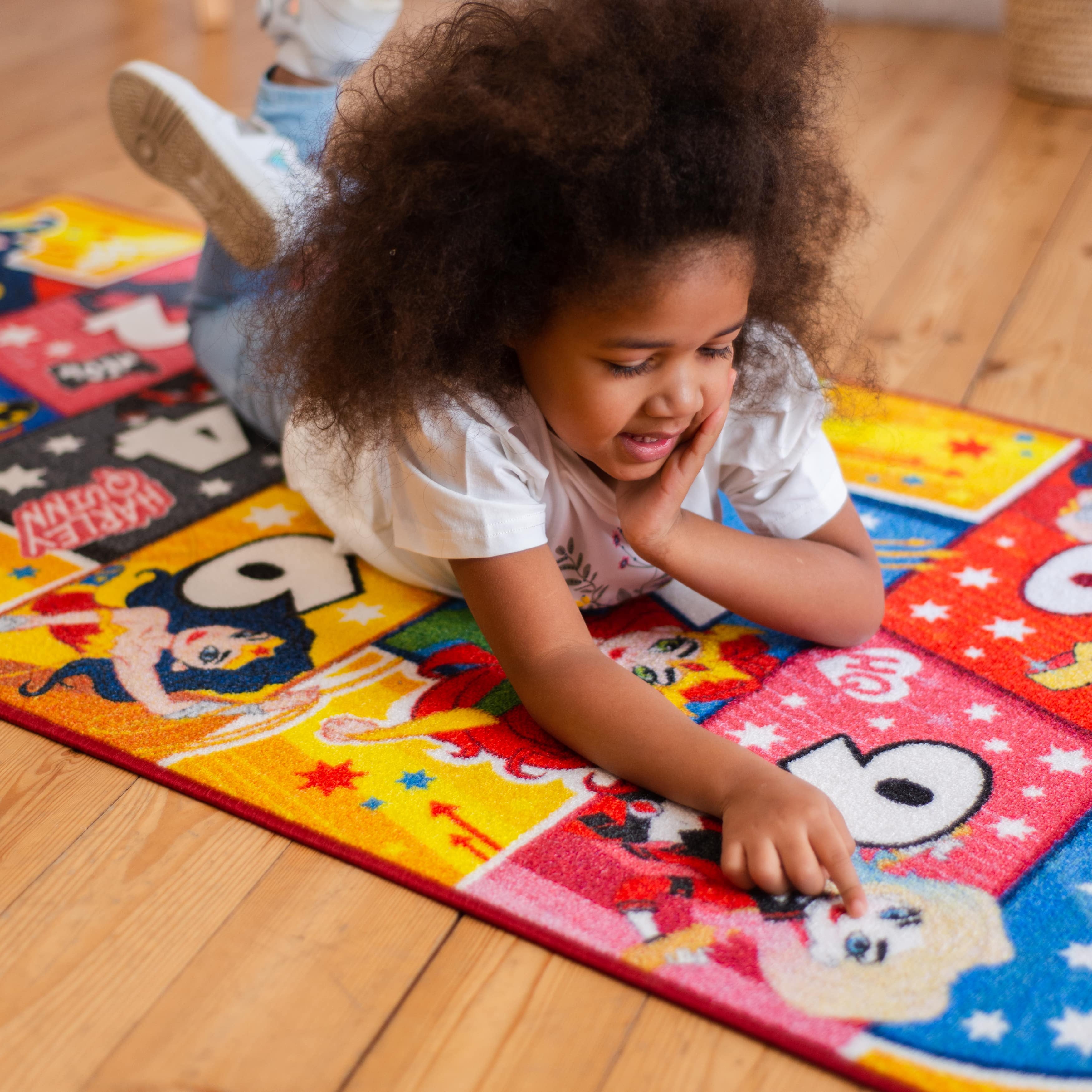 KC Cubs | Justice League Girls Hopscotch Number Counting Activity Educational Learning & Fun Game Play Area Non-Slip Rug Carpet for Kids and Children Bedrooms, Classroom and Playroom