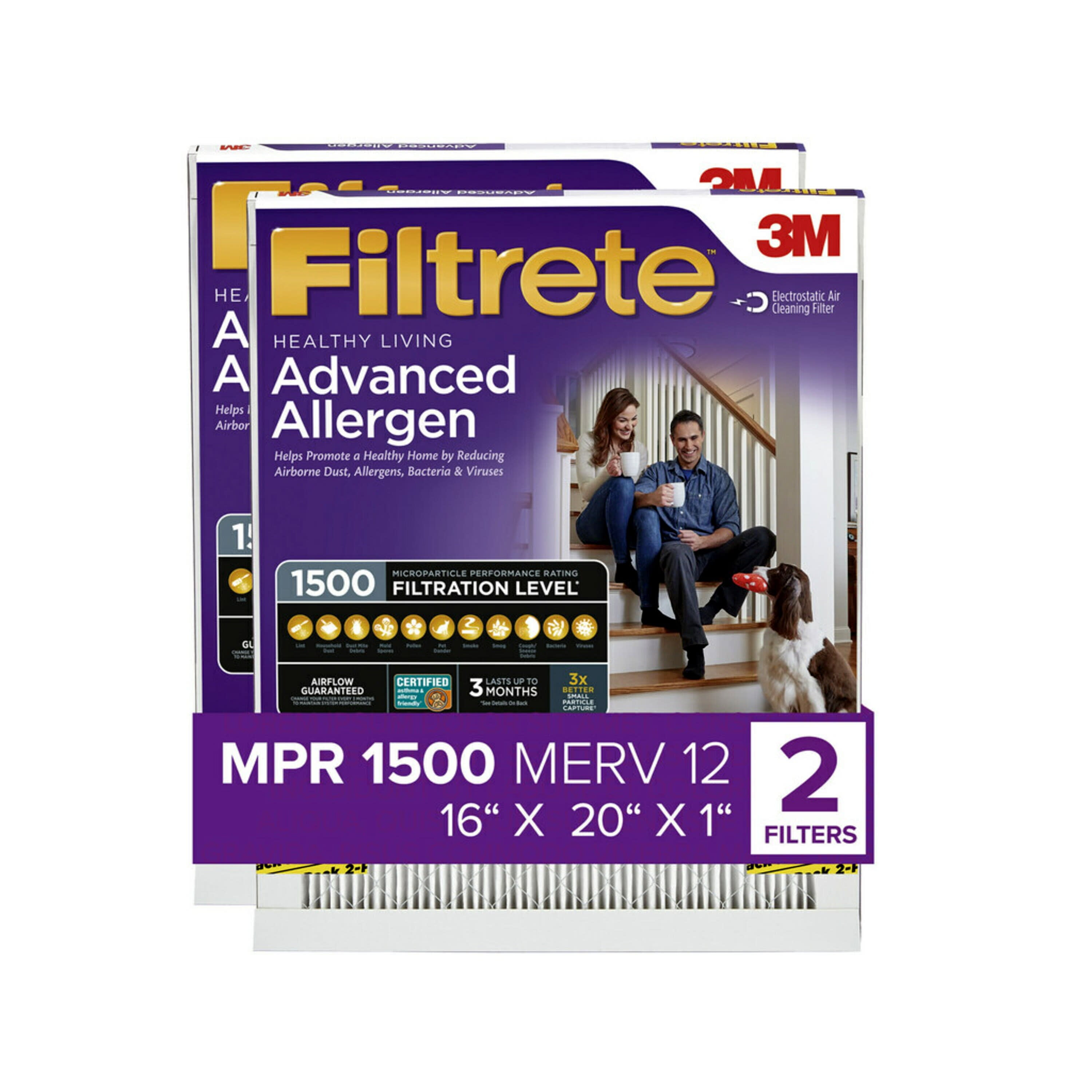 Filtrete by 3M, 16x20x1, MERV 12, Advanced Allergen Reduction HVAC Furnace Air Filter, Captures Allergens, Bacteria, Viruses, 1500 MPR, 2 Filters