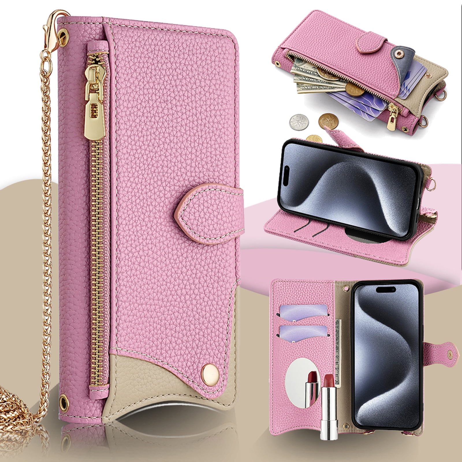 Women Girls Crossbody Strap Flip Wallet Zipper Phone Case Cover for iPhone 17 Pro Max, with Card Holder Kickstand Soft PU Leather Shoulder Chain Make-up Mirror for iPhone 17 Pro Max, Pink