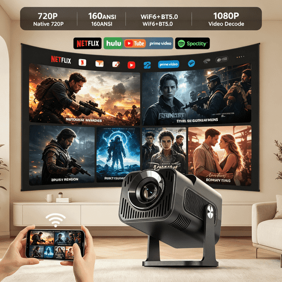 Sryloux Mini Portable Smart Projector, Android 11 System, WiFi 6 BT5.0, 1080P Supported, Home Bedroom Outdoor Movie Projector