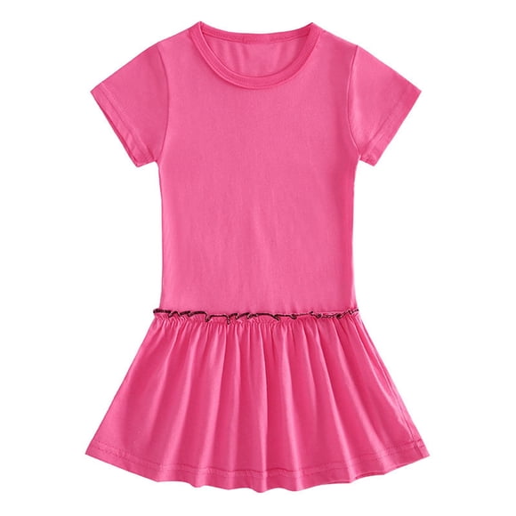 Tauxra Girls Short Sleeve Summer Dress Solid Color Round Neck Pleated Casual Dress for Toddler Kids Age 1-10 Years Old Soft Breathable Polyester Party Wear