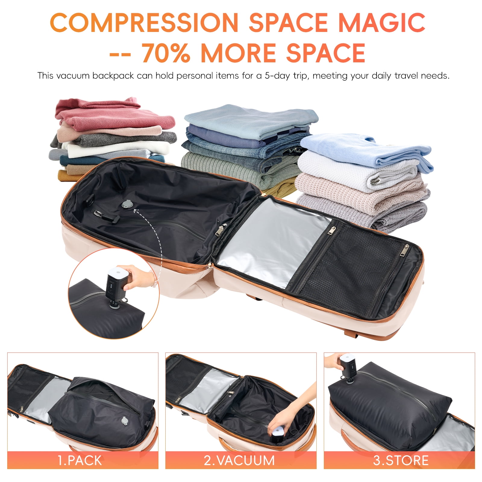 Fegat Rolling Vacuum Travel Backpack, 70L Expandable Compression Bag with Vacuum Pump,TSA Lock,Waterproof Carry on Luggage Vacuum Seal Backpacks Flight Approved for Travel Business Casual